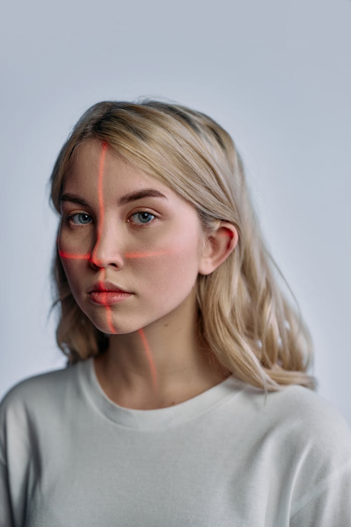 A woman with laser lines on her face highlighting facial recognition technology, set against a plain white background.